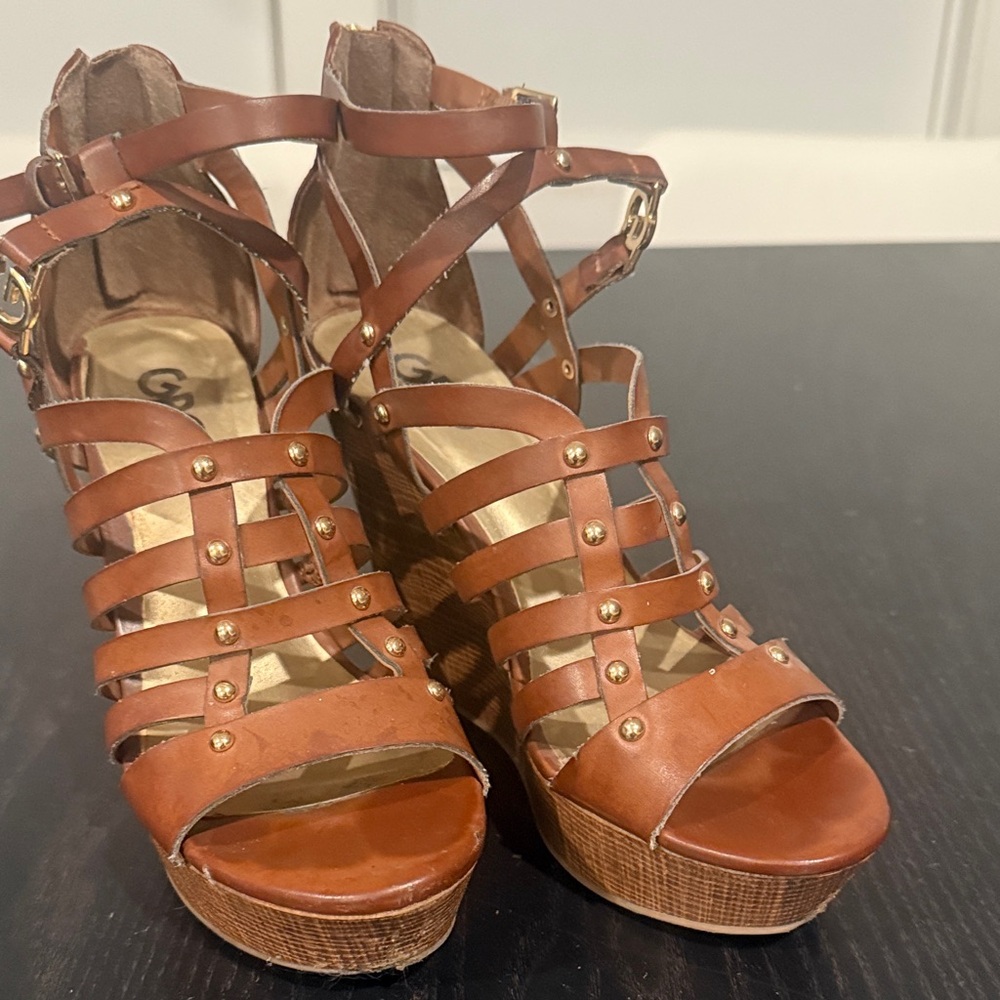 G by Guess Brown Strappy Wedge platform  Sandals 8